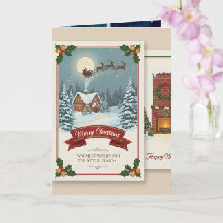 A Christmas card with snowy scenes, festive text,