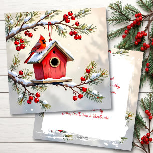 A Christmas Cardinal on a Birdhouse Personalised Holiday Card