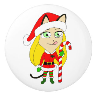 a Christmas chibi catgirl Ceramic Knob
