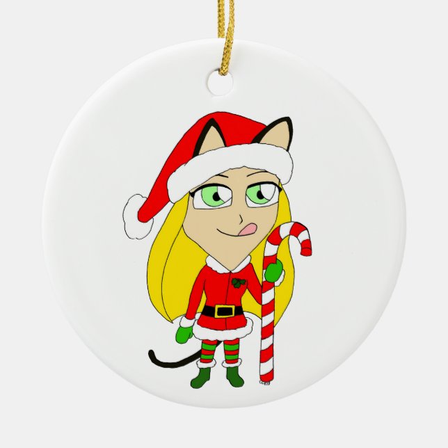 a Christmas chibi catgirl   Ceramic Tree Decoration (Front)