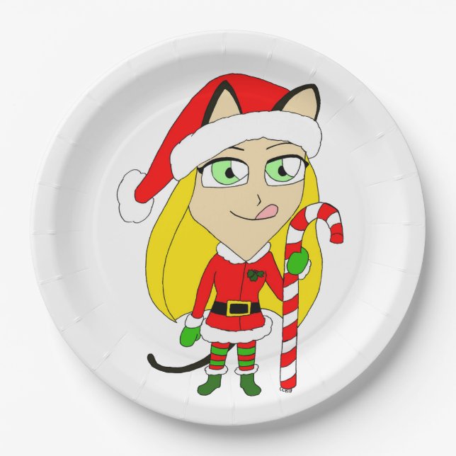 a Christmas chibi catgirl  Paper Plate (Front)