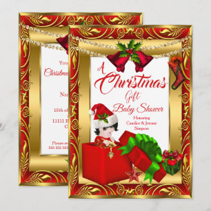 A Christmas Gift Boy Girl Baby Shower Red Gold 2 Invitation