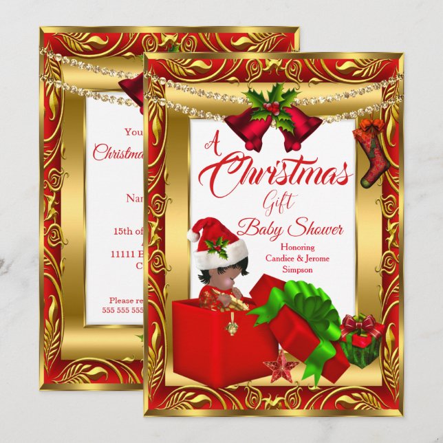 A Christmas Gift Boy Girl Baby Shower Red Gold AA2 Invitation (Front/Back)