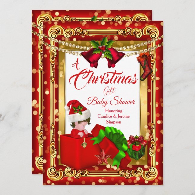A Christmas Gift Girl Boy Baby Shower Red Gold Invitation (Front/Back)