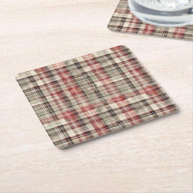 A Christmas Tartan Floral Design Series #2 Square Paper Coaster (Angled)