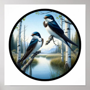 A Circular 3D Image of 2 Perched Tree Swallows Poster