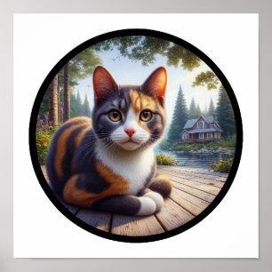 A circular 3D image of a beautiful Calico cat Poster