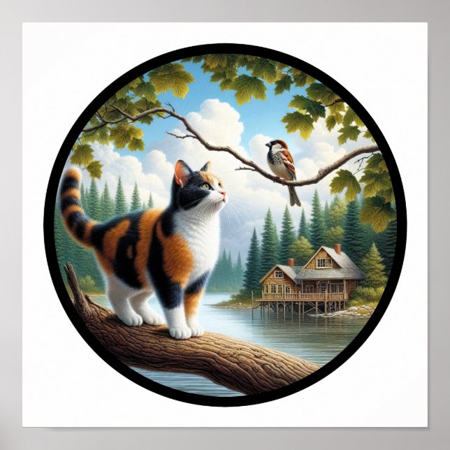 A circular 3D image of a beautiful Calico cat  Poster (Front)
