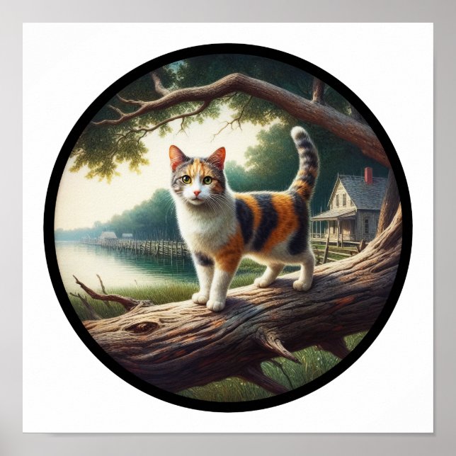 A circular 3D image of a beautiful Calico cat  Poster (Front)