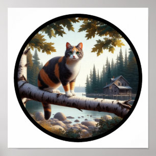 A circular 3D image of a beautiful Calico cat Poster