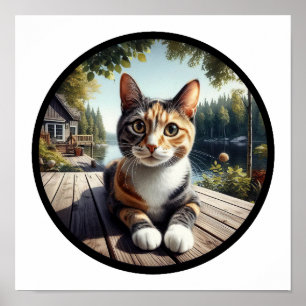 A circular 3D image of a beautiful Calico cat   Poster