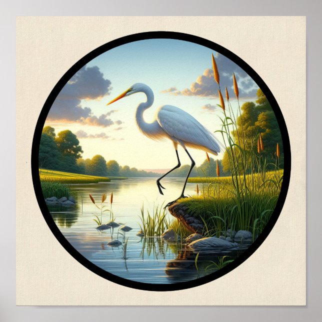 A Circular 3D Image of a Beautiful Great Egret  Poster (Front)