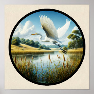 A Circular 3D Image of a Beautiful Great Egret  Poster