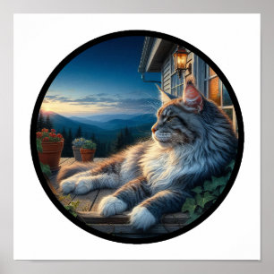 A Circular 3D Image of a Beautiful Maine Coon Cat  Poster