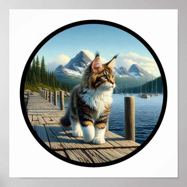 A Circular 3D Image of a Beautiful Maine Coon Cat  Poster (Front)