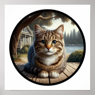 A Circular 3D Image of a Beautiful Tabby Cat  Poster