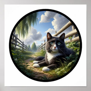 A Circular 3D Image of a Beautiful Tuxedo cat Poster