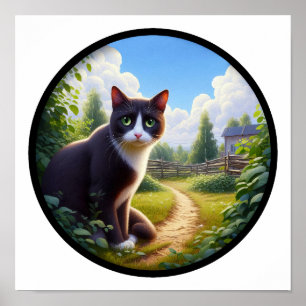 A Circular 3D Image of a Beautiful Tuxedo cat  Poster