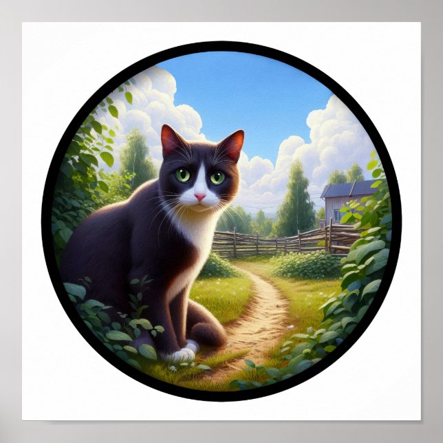 A Circular 3D Image of a Beautiful Tuxedo cat  Poster (Front)