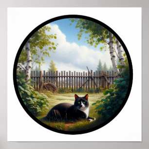 A Circular 3D Image of a Beautiful Tuxedo cat Poster