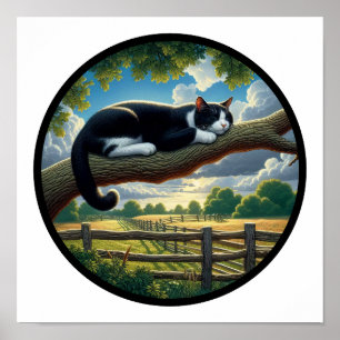 A Circular 3D Image of a Beautiful Tuxedo cat  Poster