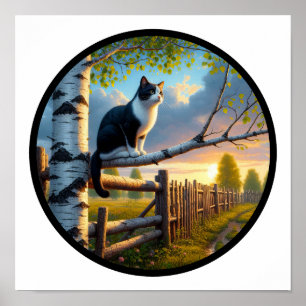 A Circular 3D Image of a Beautiful Tuxedo cat Poster