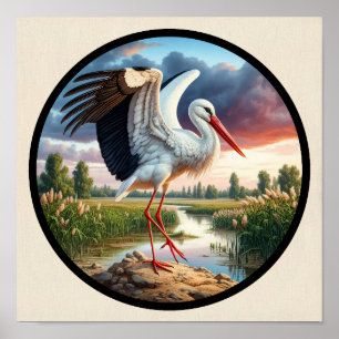 A Circular 3D Image of a Beautiful White Stork Poster