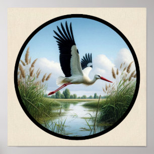 A Circular 3D Image of a Beautiful White Stork Poster