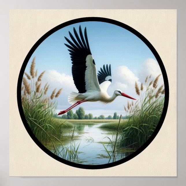 A Circular 3D Image of a Beautiful White Stork Poster (Front)