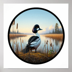 A Circular 3D Image of a Common Goldeneye Duck Poster