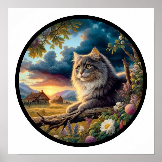 A Circular 3D Image of a Domestic Longhair Cat Poster (Front)