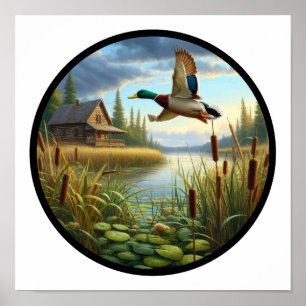 A Circular 3D Image of a Mallard Duck Flying Poster