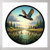 A Circular 3D Image of a Mallard Duck Flying