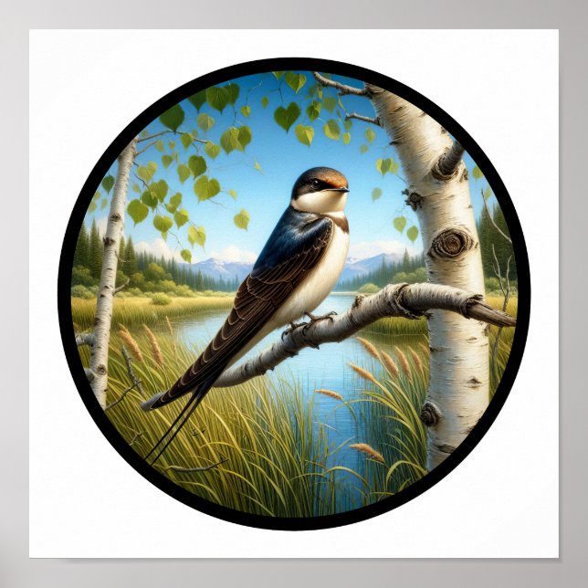 A Circular 3D Image of a Perched Tree Swallow  Poster (Front)