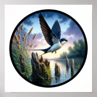 A Circular 3D Image of a Tree Swallow flying