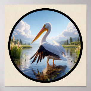 A Circular 3D Image of an American White Pelican Poster