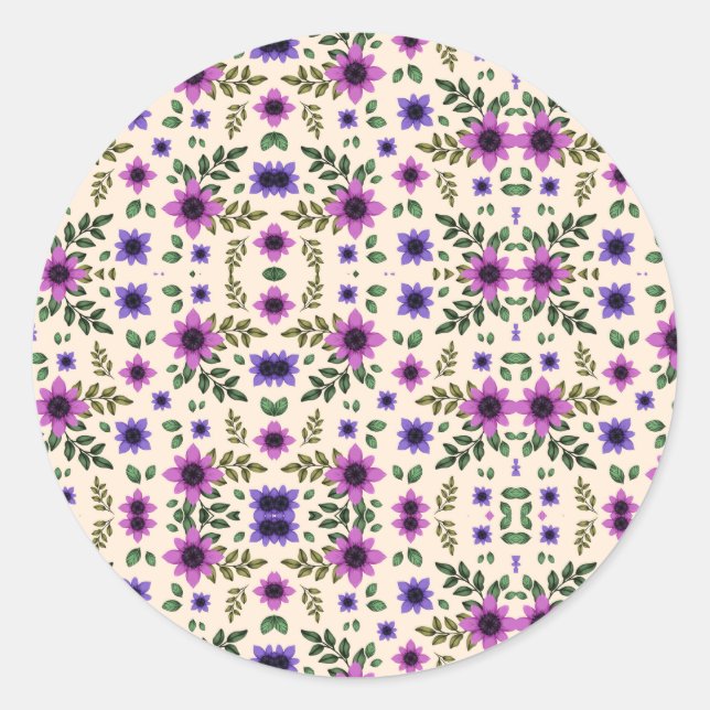 A circular floral pattern features purple and pink classic round sticker (Front)