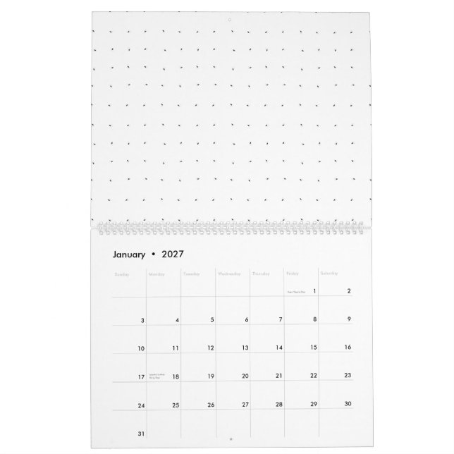 A clean white backdrop featuring tiny dots scatter calendar (Jan 2027)