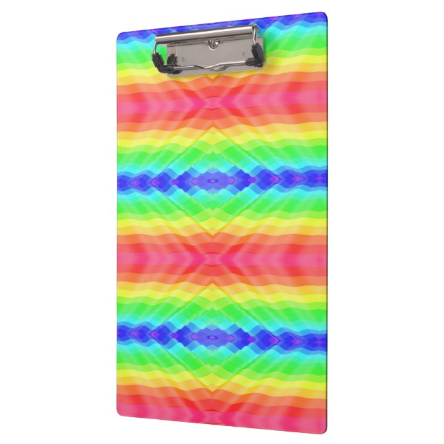 A clipboard with a colorful, kaleidoscopic rainbow (Left)