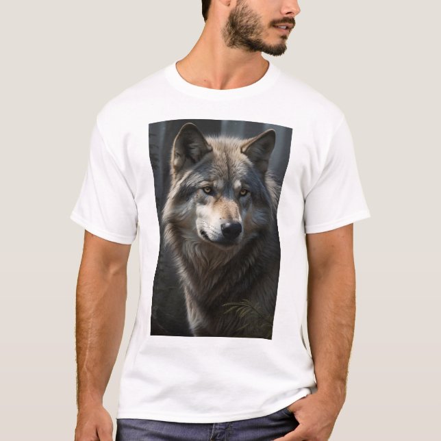 A close-up of a grey wolf’s face T-shirt (Front)