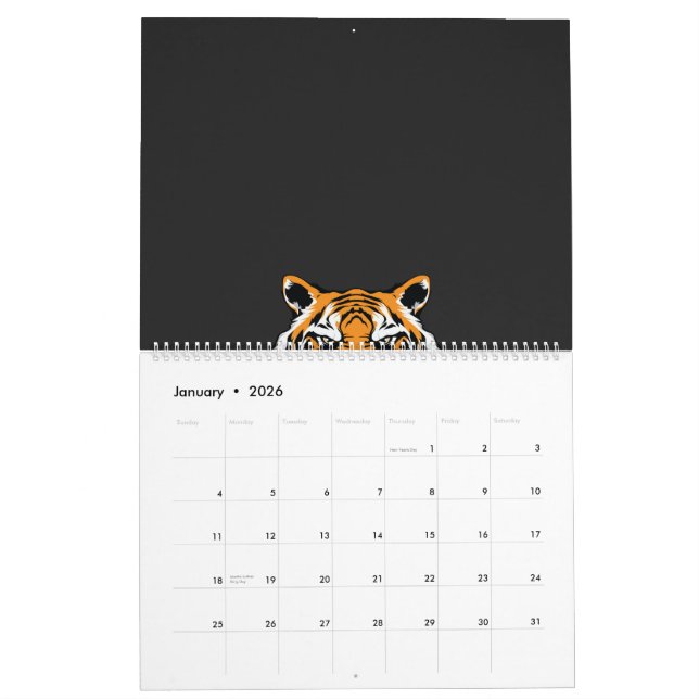 a close up of a tiger's face on a black background calendar (Jan 2026)