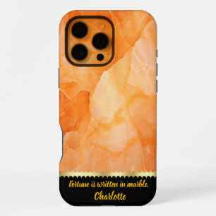 A close-up view of vibrant orange marble patterns iPhone 16 pro max case