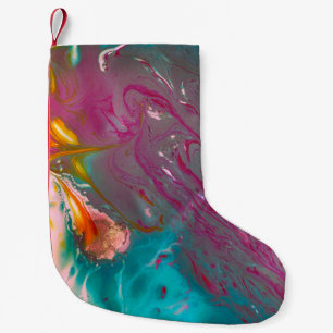 A closeup of colorful abstract oil painted wavesoi small christmas stocking