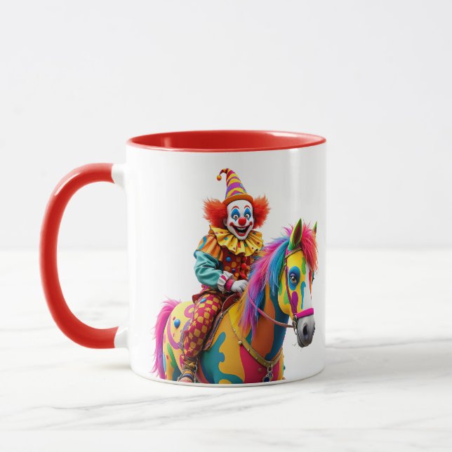 A clown rides a rainbow horse. mug (Left)