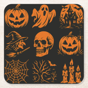 A coaster with various Halloween-themed images