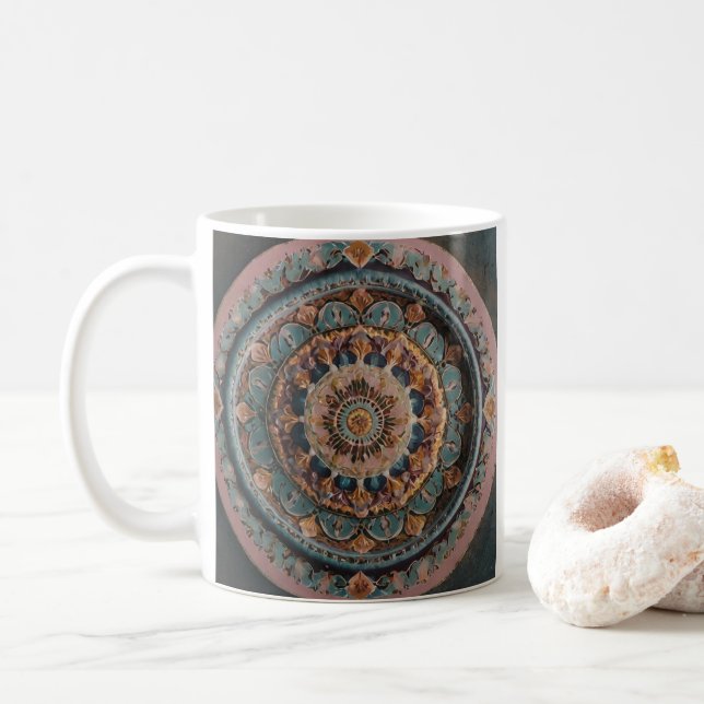 A coffee mug with an aesthetic mandala design (With Donut)