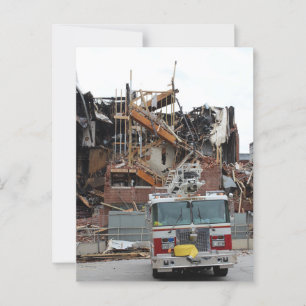 A collapsed and burnt building and a fire truck postcard