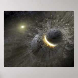 A collision between massive objects in space poster