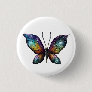 A colorful butterfly with galaxy-like wings is dep 3 cm round badge