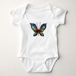 A colorful butterfly with galaxy-like wings is dep baby bodysuit